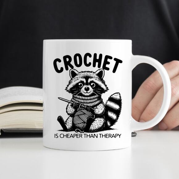 Crochet Racoon 15 oz Coffee Mug Funny Cute Gift White Mug R2 - Picture 1 of 2